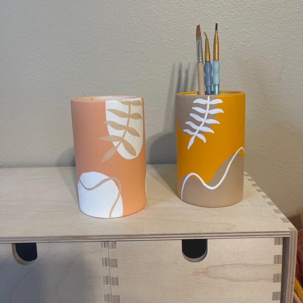 Handmade orange boho inspired ceramic painted brush holder/pen storage, vase
